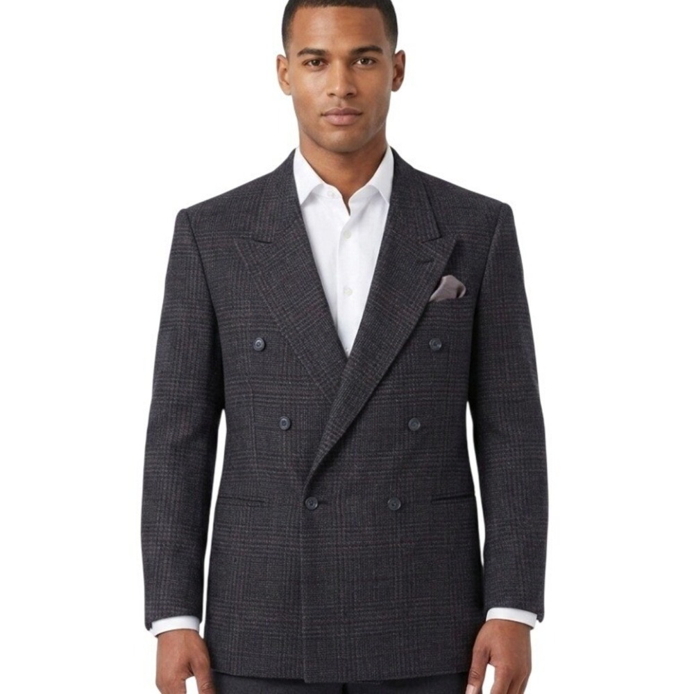 London Square Blazer Mens XLarge Grey Blue 100% Silk Glen Plaid Double Breasted‎